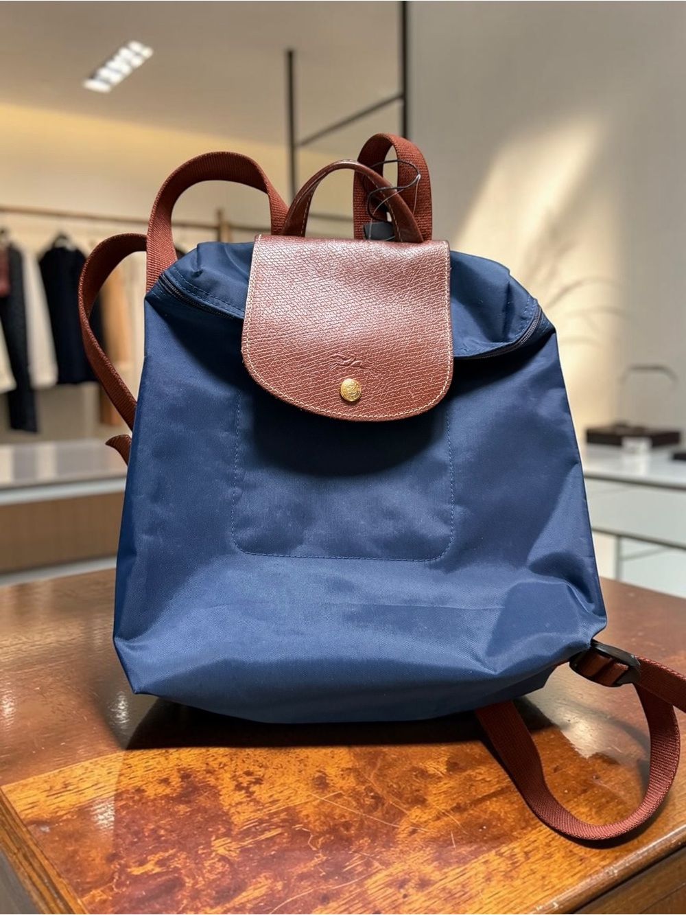 Longchamp Le Pliage Backpack Scandi Girl Quiet Luxury Navy Nylon Brown Leather